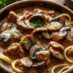 hearty protein rich beef stroganoff dish
