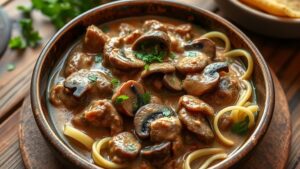 hearty protein rich beef stroganoff dish