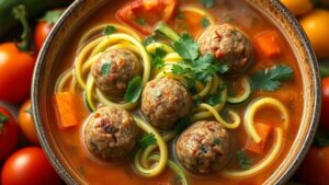 meatball filled low carb zucchini noodle soup
